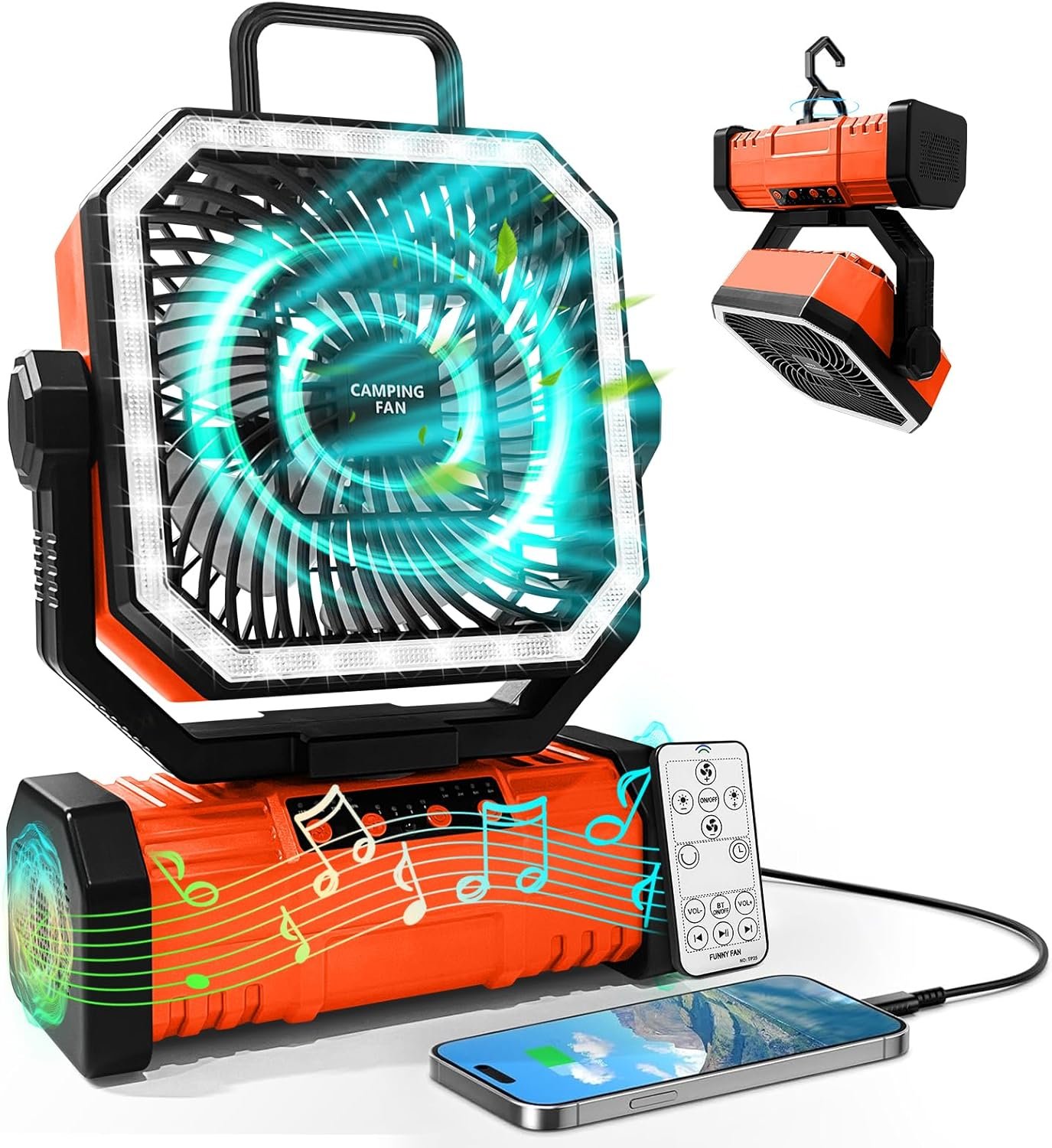 4‑in‑1 Rechargeable Camping Fan Orange